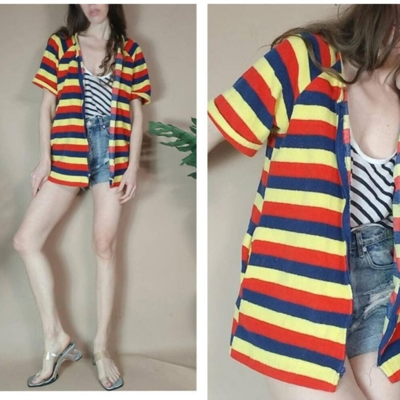 🎈Sale! Vintage 70s Swim Cover Up Top Striped Hooded S - Picture 2 of 8